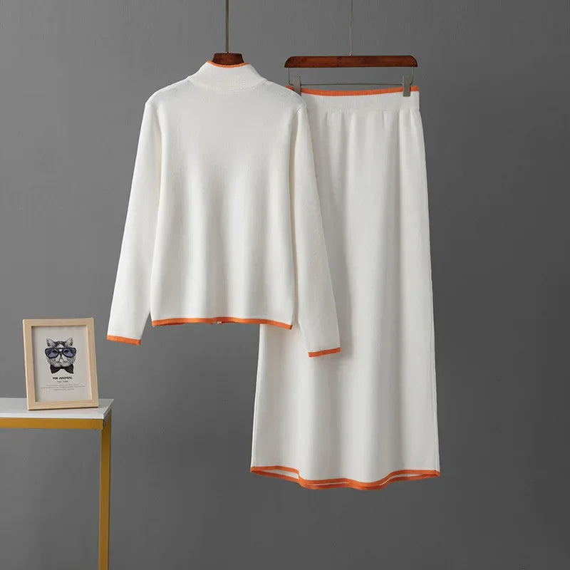 American-Made Luxury: Women’s Two-Piece Embroidered Wool Knit Jacket & Skirt Set