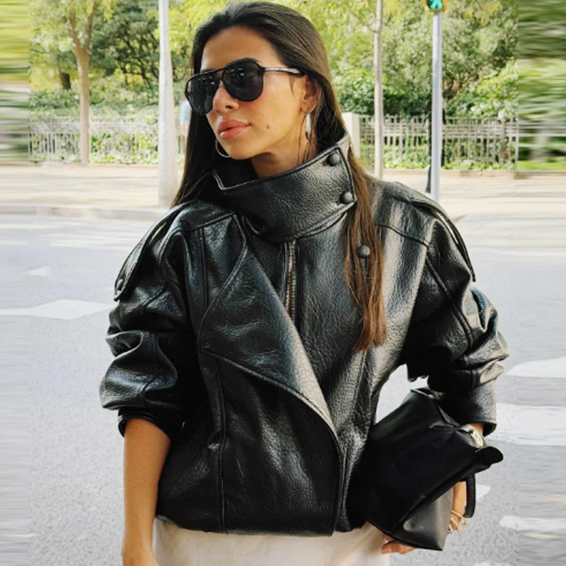 HXAO New Arrival Women's Bomber Jacket Leather Black Jackets Cropped Oversize Outerwears Zip-Up Long Sleeve Coats Outdoor Jacket