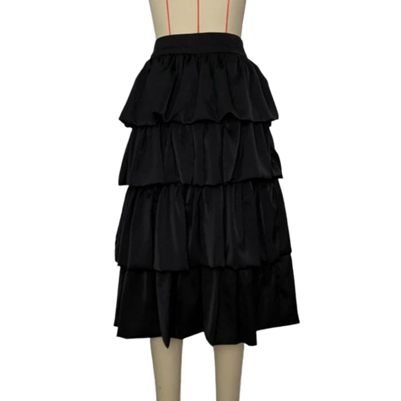 Women's Falbala Layered Elegant High-Waist A-Line Skirt - Black