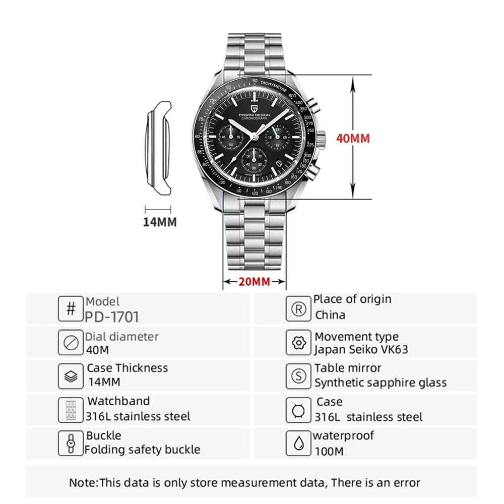2026 New PAGANI DESIGN 1701 V5 Men's Watches Luxury Quartz Watch Men Sports Speed Chronograph AR Sapphire glass 100M Waterproof