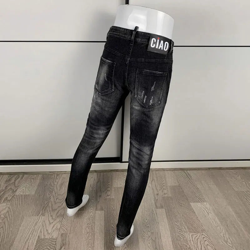 Men's Slim-Fit Distressed Black Grey Denim Jeans