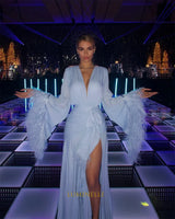 Customized V-Neck Side High Slit A-Line Prom Dresses Long Sleeve Elegant Evening Gowns Cascading Ruffle Party Dresses 2026