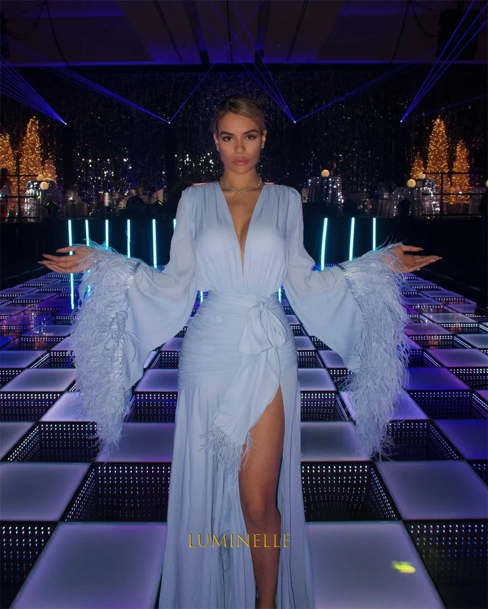 Customized V-Neck Side High Slit A-Line Prom Dresses Long Sleeve Elegant Evening Gowns Cascading Ruffle Party Dresses 2026