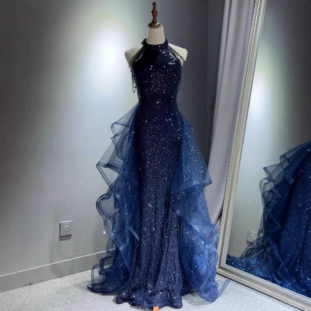 Elegant Sparkling Halter Evening Gown with Beading & Sweep Train