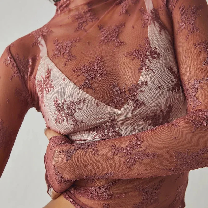Floral Lace Sheer Mesh Long Sleeve Top