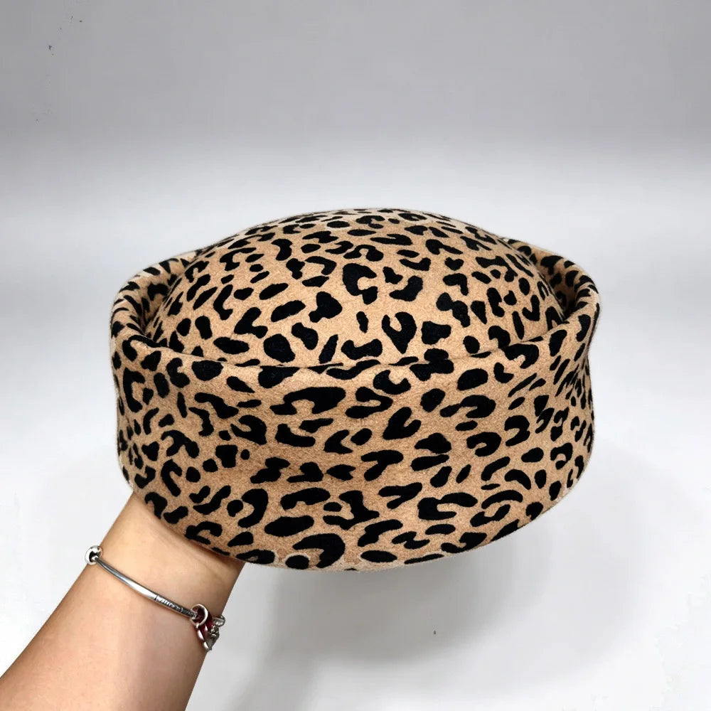 100% Wool Felt Leopard Pillbox Hat Woman Vintage painter French Beret Cap Elegant Brimless Beanie Winter Church Sun Fedora Hats