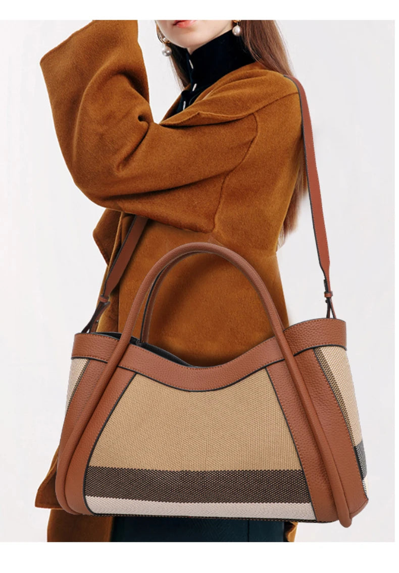 Aidrani  New retro checkered women's handbag, large capacity luxury bag, canvas genuine leather bag
