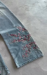 American Fashion Cherry Blossom Knight Embroidered Y2K Jeans