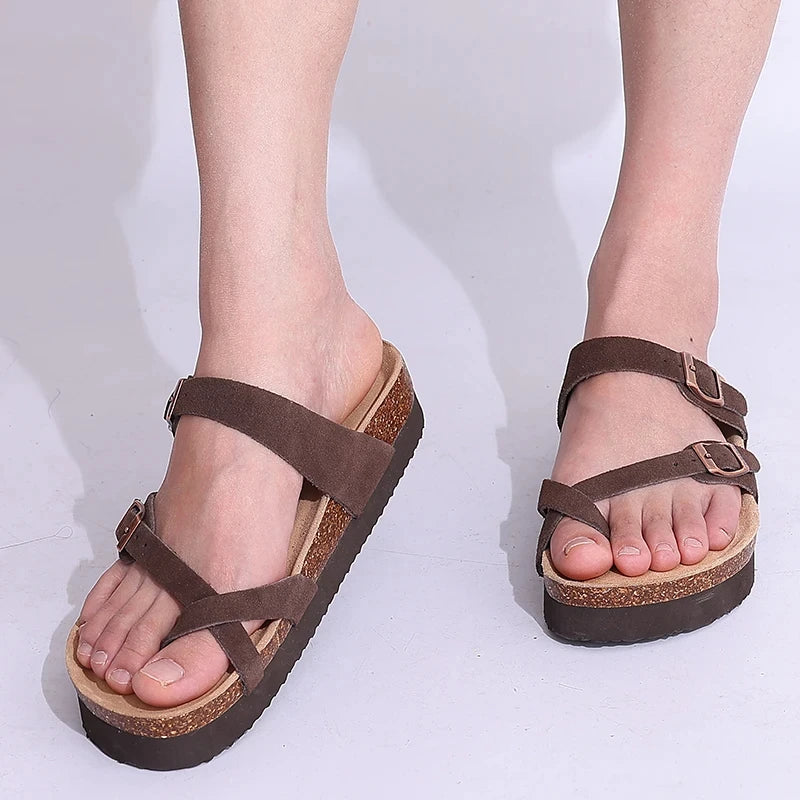 Comwarm Men's Cork Footbed Slides Sandals Arch Support Summer Outdoor Sandals with Adjustable Buckle Leisure Men Leather Slides