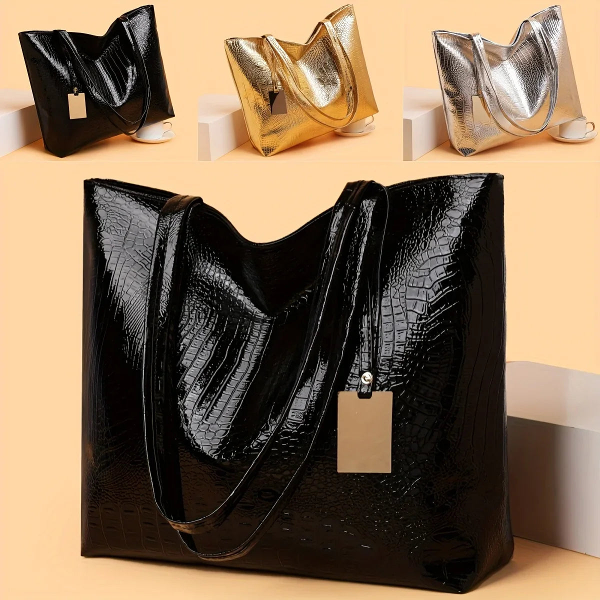 Women's Metallic PU Leather Tote Bag with Zipper
