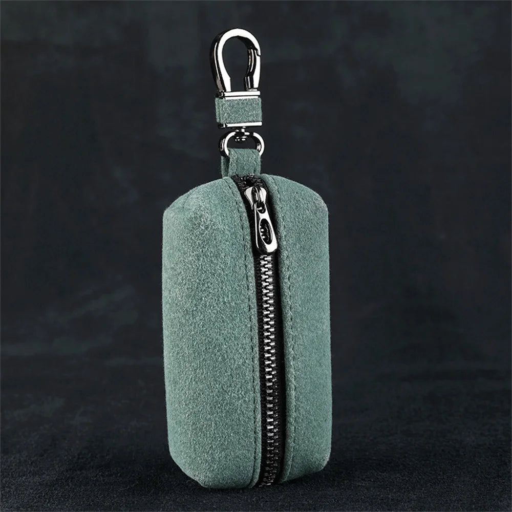 Portable Keychain Wallet for Men Women Large-Capacity Double Zipper Key Pouch Bag Suede Leather Key Case Unisex Coin Purse