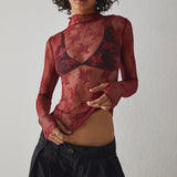 Women's Long Sleeve Mock Neck Lace Top