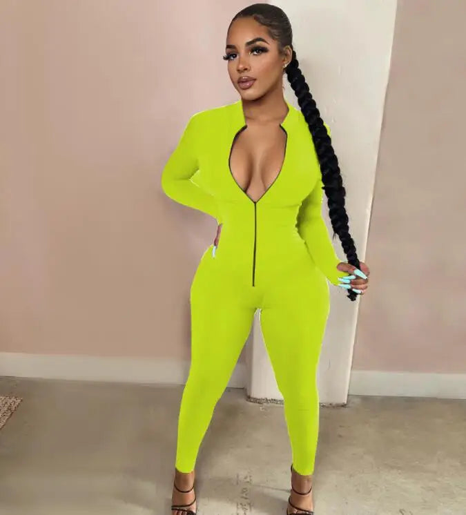 Sleek Deep-V Zip-Front Bodycon Romper – Athletic Fitness Jumpsuit