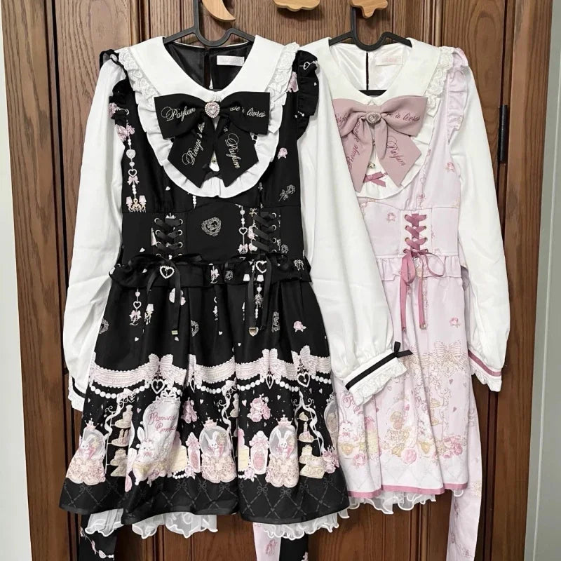 Japanese Y2K Aesthetics Vintage Bow Dress Shorts Set Women Gothic Lolita Style Long Sleeve Shirt Dress Elegant Party Dress Suits