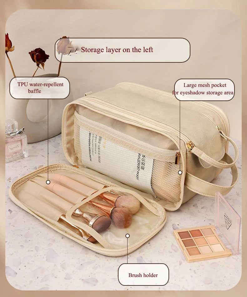 Multifunctional Makeup Bag For Women PU Leather Large Capacity Portable Double Zipper Travel Makeup Brush Toiletries Storage Bag