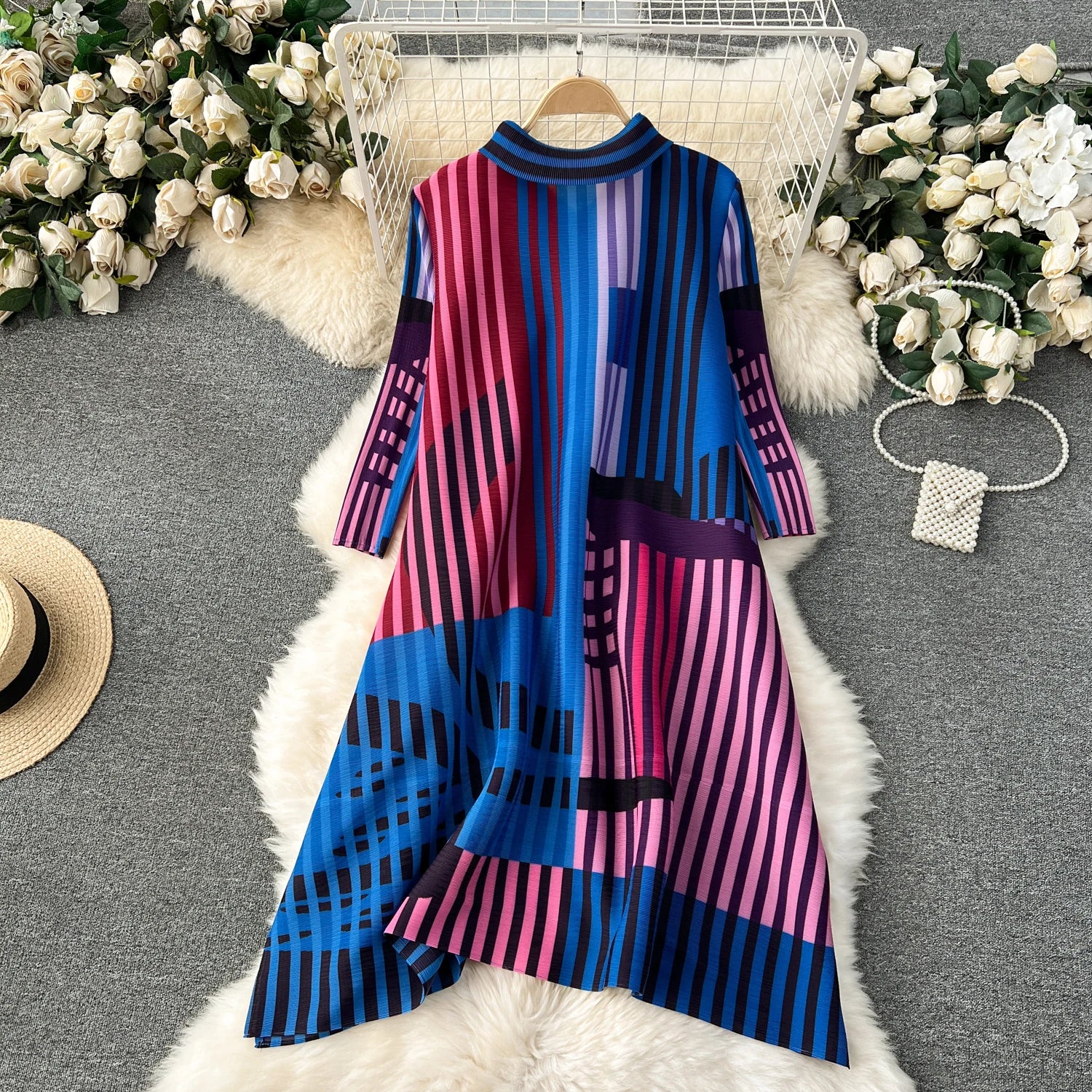Miyake Pleated Drape Dress – Colorblock Print, 3/4 Sleeve