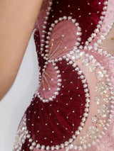 Ofherown 2026 Burgundy Pink Strapless Beaded Evening Dress Velvet Patchwork Formal Prom Gown for Party Red Carpet Customized