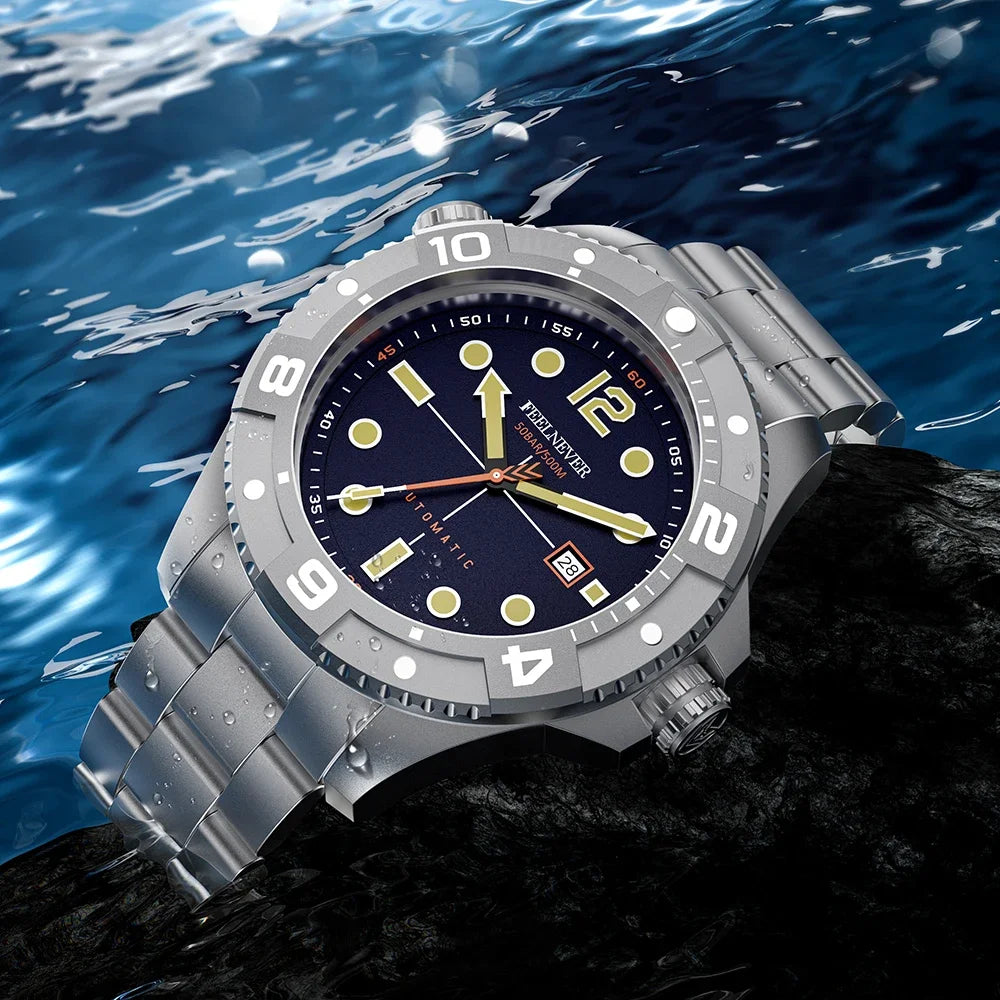 FeelNever Profession Casual Sports Mechanical Man Watch Stainless Steel Sapphire Crystal 50Bar Auto Date Wristwatch Reloj Hombre