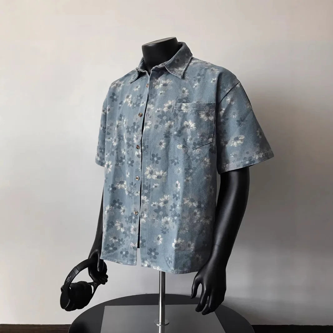2025 Summer New Floral Short Sleeve Men's Denim Shirt Thin American Retro Layered Wear Outerwear Jacket Breathable Polyester