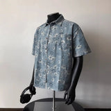 2025 Summer New Floral Short Sleeve Men's Denim Shirt Thin American Retro Layered Wear Outerwear Jacket Breathable Polyester