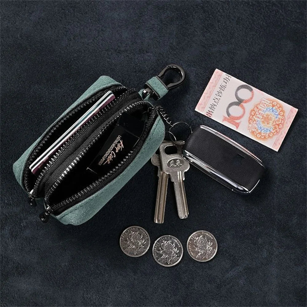 Portable Keychain Wallet for Men Women Large-Capacity Double Zipper Key Pouch Bag Suede Leather Key Case Unisex Coin Purse