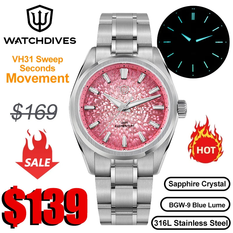 Watchdives WD0003C Quartz Watch VH31 Sweep Seconds Movement 38mm Ice Crack Dial Sapphire Luminous 100m Waterproof Men Wristwatch