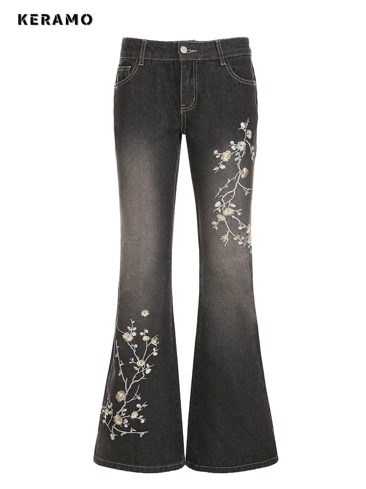 Weekeep Floral Embroidery Low Rise Flared Jeans Women