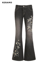 Weekeep Floral Embroidery Low Rise Flared Jeans Women