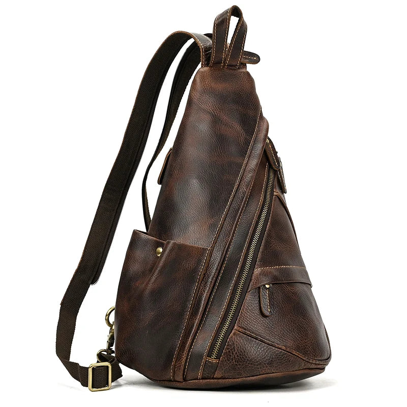 Single Shoulder Bagpack Genuine Leather Chest Bag Outdoor Riding Bag Chest Packs For Biker Men Male Sling Bags Cow Leather