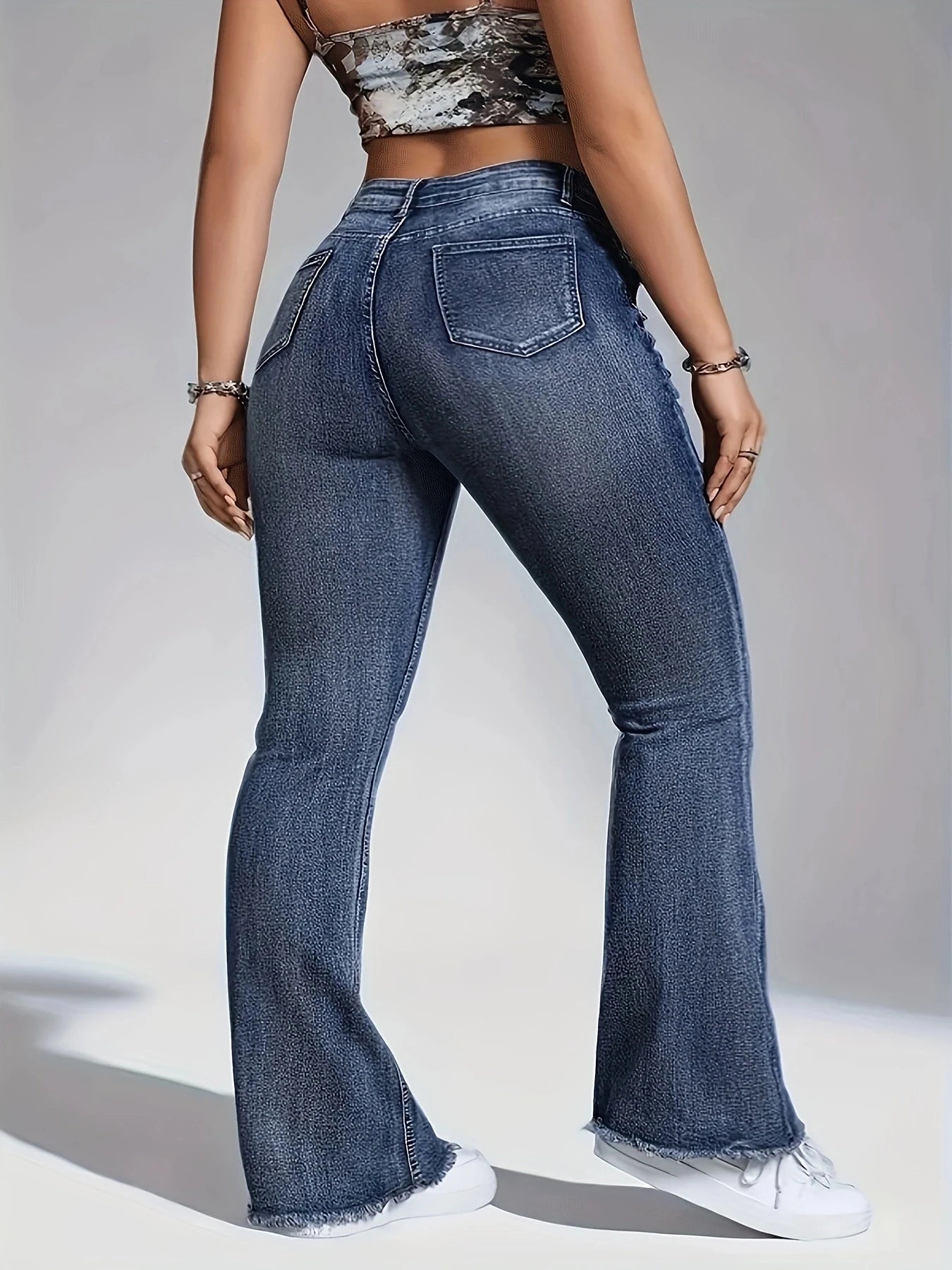 Retro Blue Faux-Waistband Flared Jeans