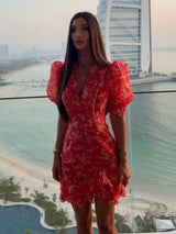 Women Red Floral Printed Mini Dress V-neck Short Sleeved Puff Sleeve Waist Trim Ruffle Slit Hem Dresses 2026 Summer Party Gown