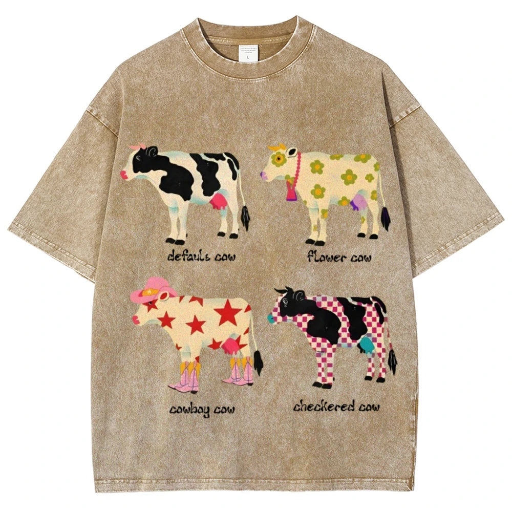 Cute Cartoon Cow Print T-Shirt Pure Cotton Washed Shoulder Round Neck Neutral Style Fashion Trend New High Quality Short Sleeves