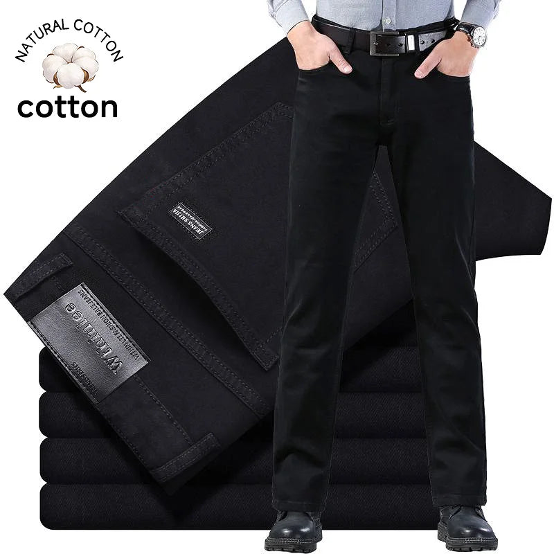 High Quality Autumn Winter Solid Color Black Men's Jeans Classic Stretch Denim Pants Work Business Cotton Trousers Plus Size 40
