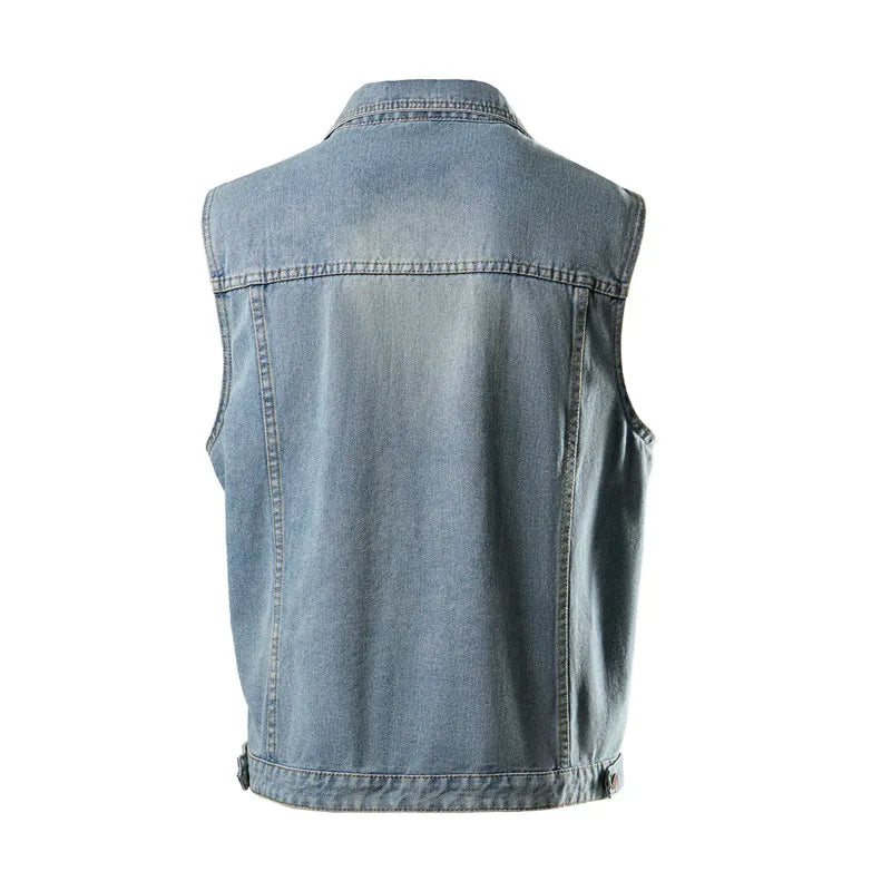 Unisex Retro Hong Kong Style Denim Vest Casual Fashion Sleeveless Waistcoat Trendy Loose Streetwear Outerwear Vest Tops Men