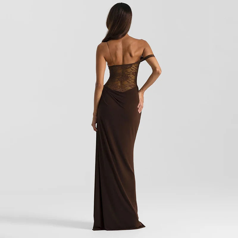 One-Shoulder Lace Gown – Sleeveless Backless Maxi Club Dress