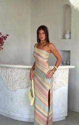Color Blocked Knitted Long Dress Women Elegant Off Shoulder Corset High Split Vestidos 2026 Lady Daily Beach Vacation Wear New