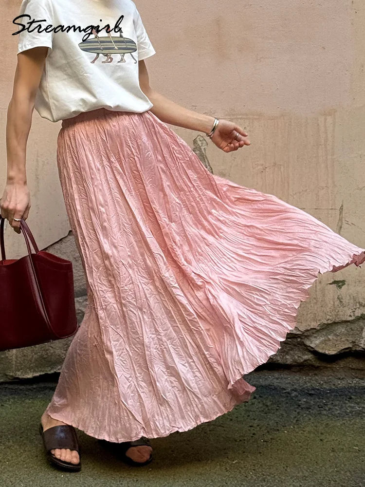 Women's Pleated Maxi Skirt – Elegant A-Line Beach Style