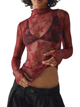Floral Lace Sheer Mesh Long Sleeve Top