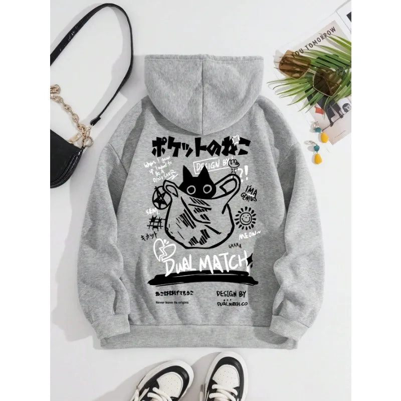 Cat Print Fleece Hoodie – Relaxed Unisex Fit
