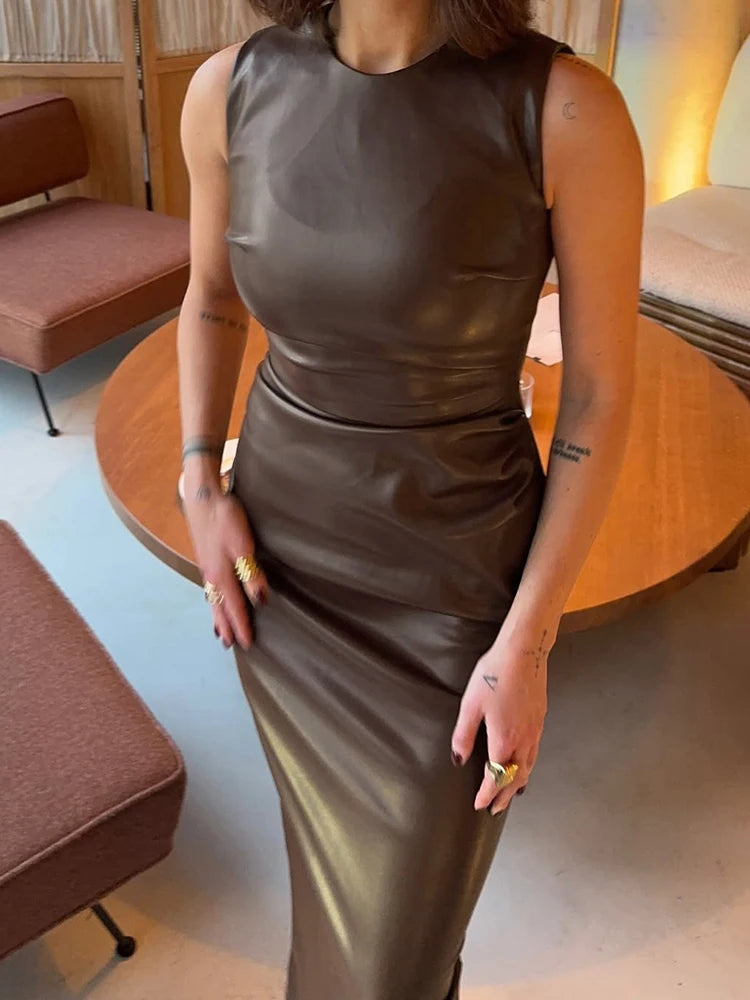 TARUXY Sleeveless Leather Dress – Ruched Slim Fit