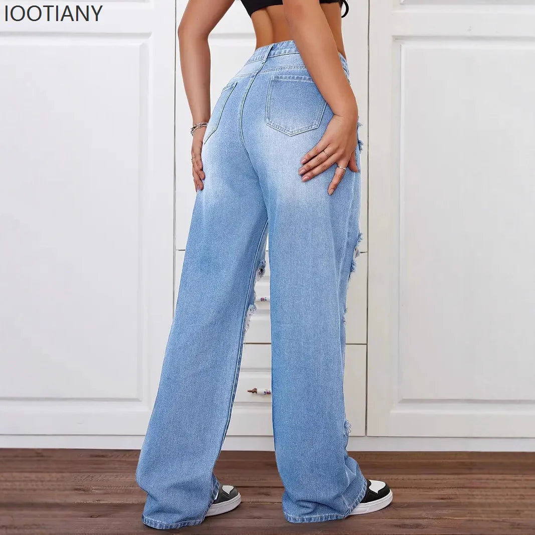 Women's Distressed Wide Leg Jeans | High Waist Denim