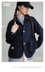 Maden Women's Fleece Lapel Warm Jacket 290gsm Single-breasted Solid Color Casual TOPs Coat for Autumn Winter Outwear
