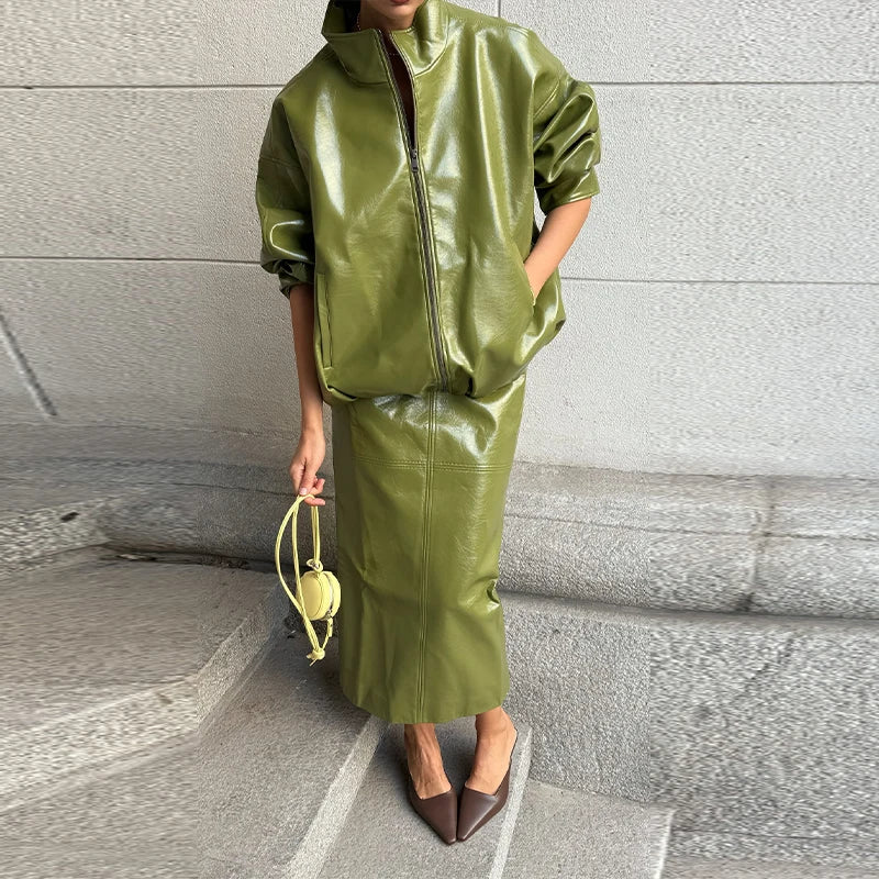 Pu Leather Jacket Skirt Sets Stand Collar Loose Coat Low Waist Solid Long Skirt Autumn Coats Skirt Sets 2025 New Lady Outfits