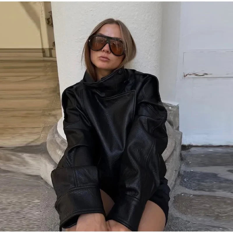 2026 Autumn Women's Faux Leather Jacket Brown Black Long Sleeve Stand Collar Thick Loose Lady Coat Fashion Motorcycle Streetwear