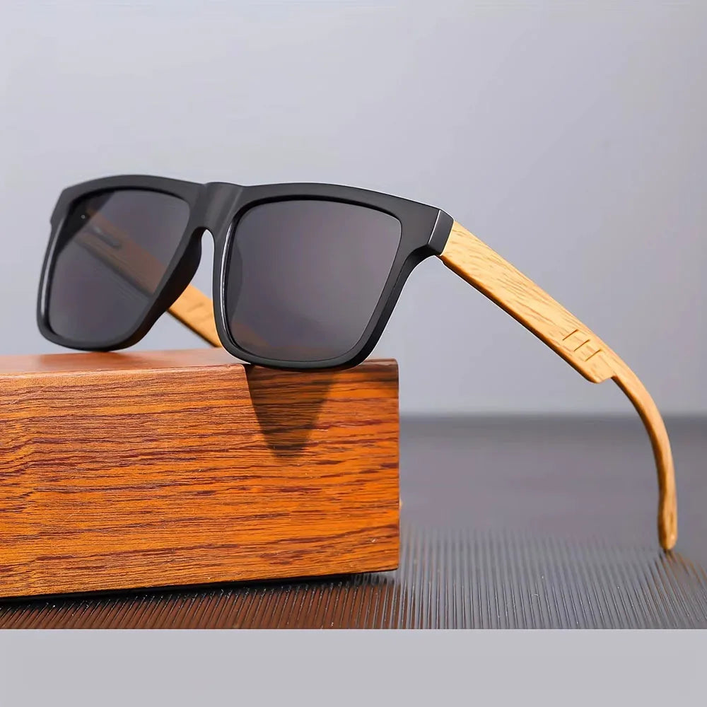 Square Wood-Grain Sunglasses – UV400 & Spring Hinges