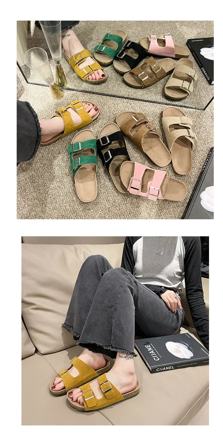 Comwarm Men's Cork Footbed Slides Sandals Arch Support Summer Outdoor Sandals with Adjustable Buckle Leisure Men Leather Slides