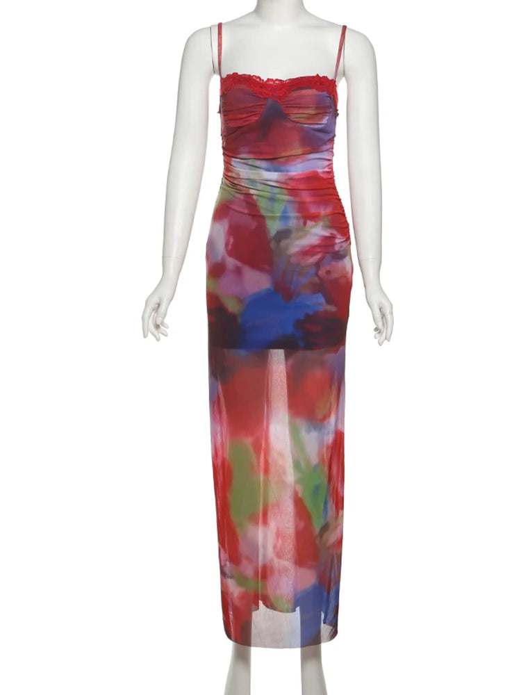Colorful Lace Maxi Dress with Stretch Fit