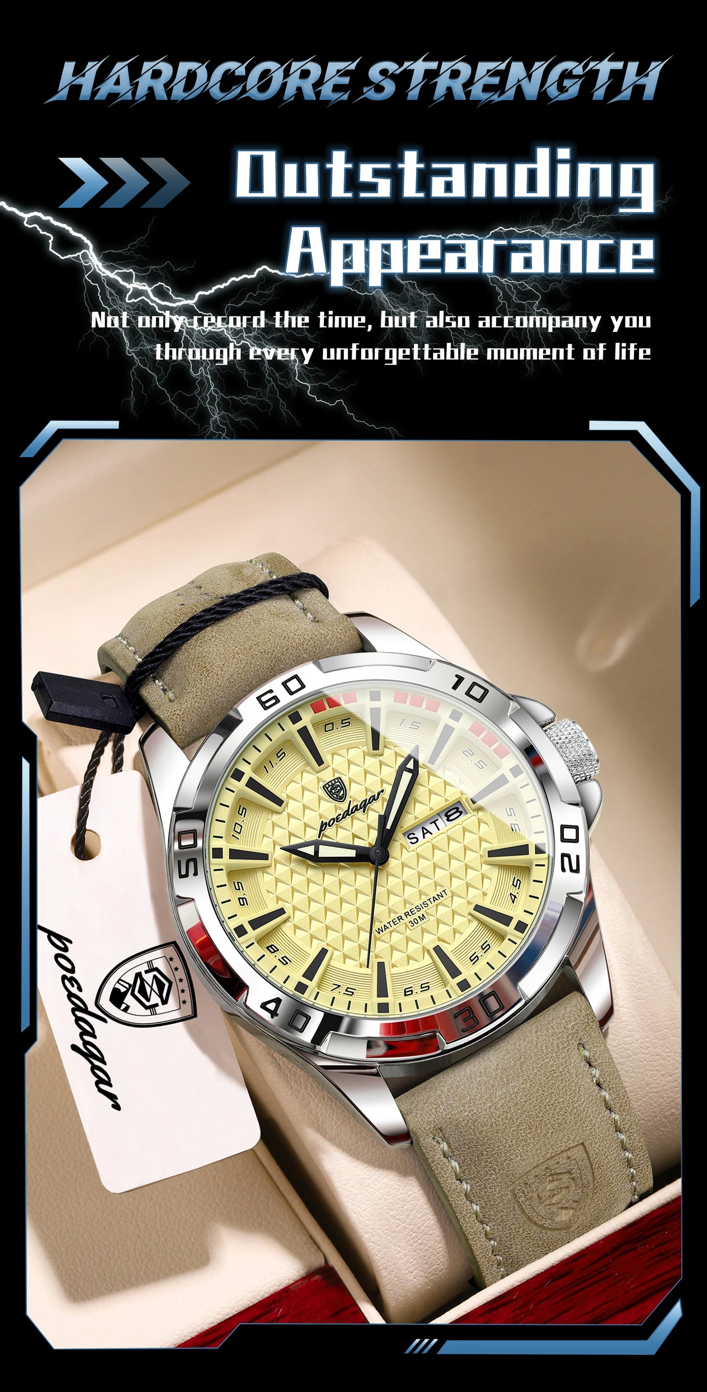 POEDAGAR Original Business Man Wristwatch Waterproof Luminous Date Week Casual Watch For Men Quartz Leather Luxury Fashion Men's Watches Reloj