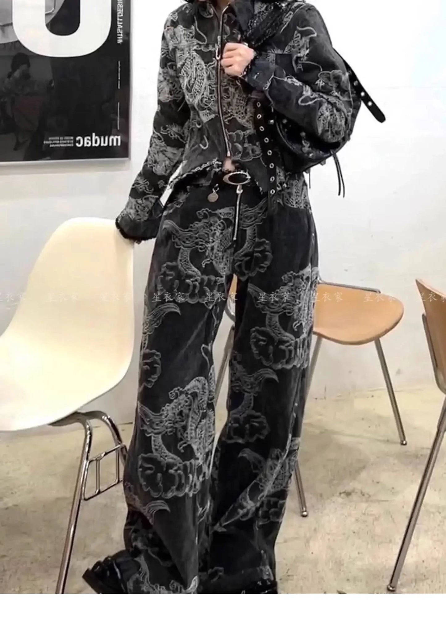 Y2K Dragon Print Baggy High-Waist Denim Jeans for Women