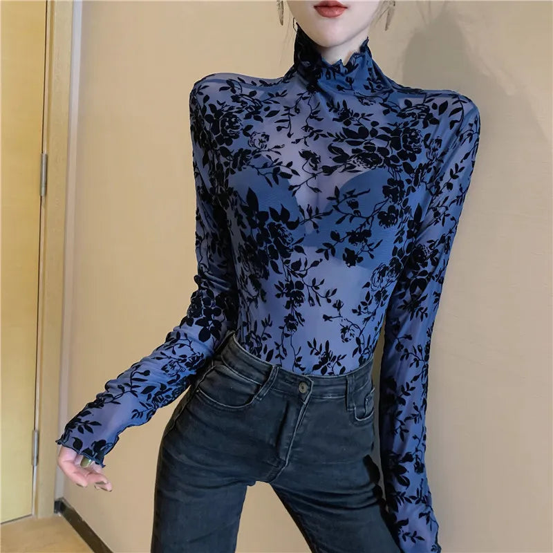 Women's Flocking Mesh Long Sleeve Top Floral Turtleneck
